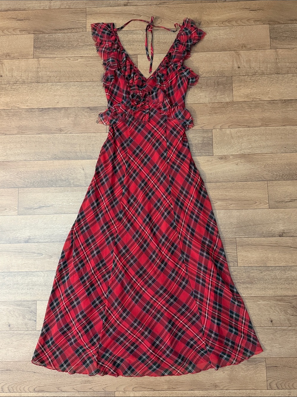 Free People Size 6 Maxi Dress Venetia Tartan Plaid Ruffle Maxi Holiday Party Lux
